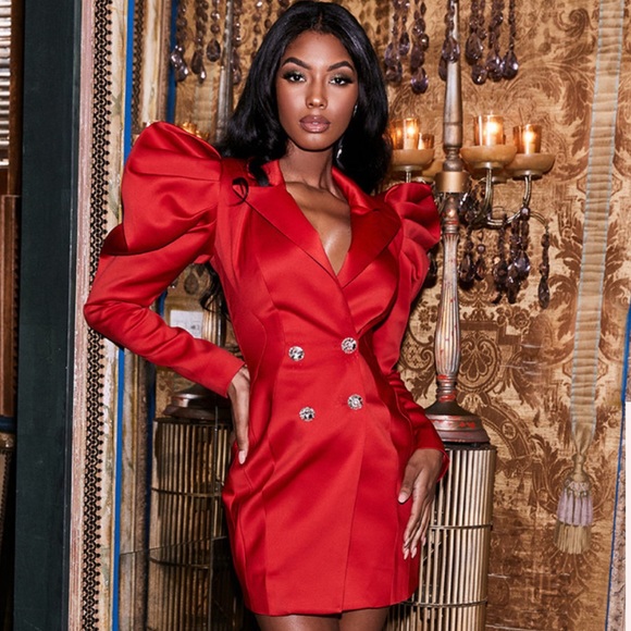 HOUSE OF CB 'Esther' Red Exaggerated Sleeve Tux Dress - Picture 4 of 13